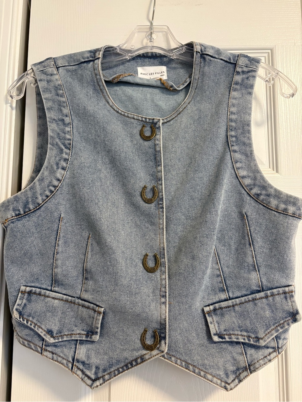 Avec Les Filles Light Wash Denim Vest with Horseshoe Buttons